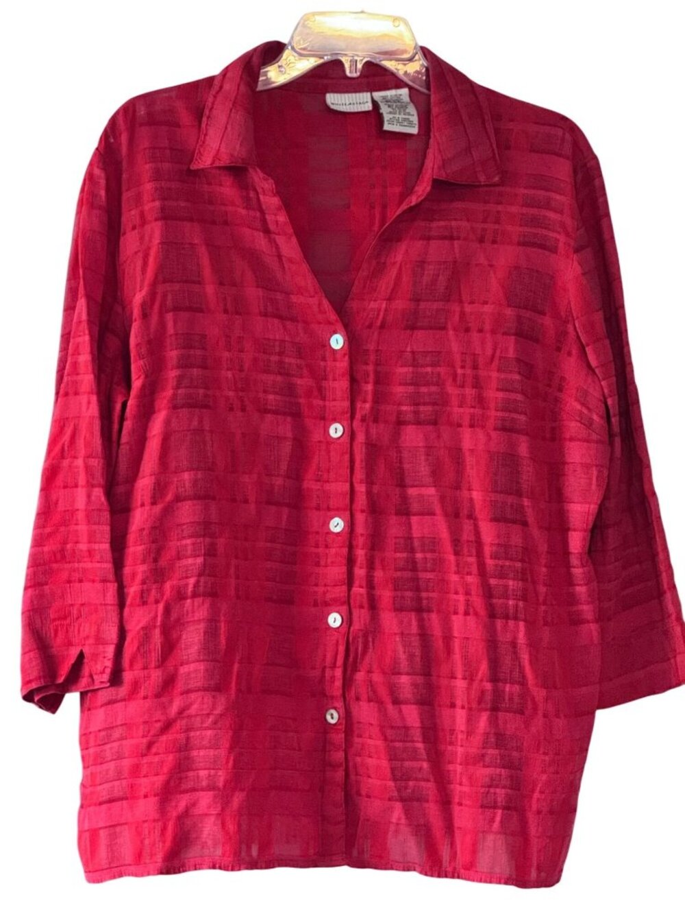 Vintage White Stag Blouse XL Cherry Tomato Red Button Up Sheer Textured 90s Y2K